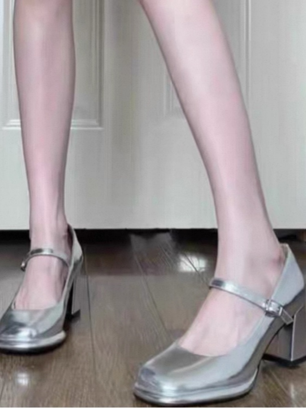 Silver Mary Jane Block Heel Pumps